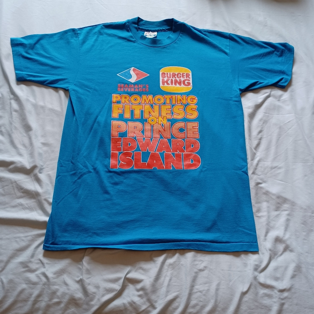 VTG 1990s Seaman's Burger King "Promoting Fitness on PEI" Blue T-Shirt Adult L